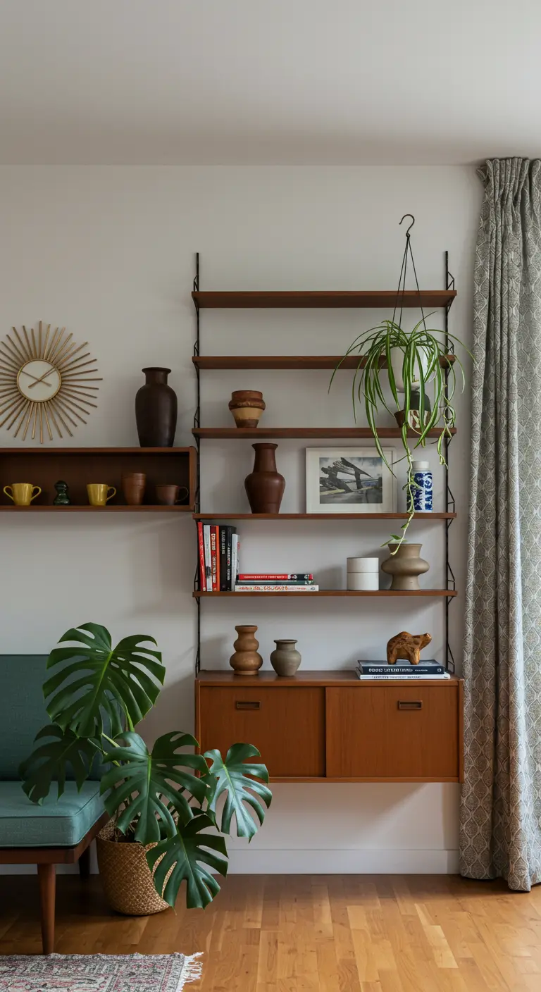 Système d'étagères murales Mid-Century en teck avec céramiques, livres et plantes vertes.