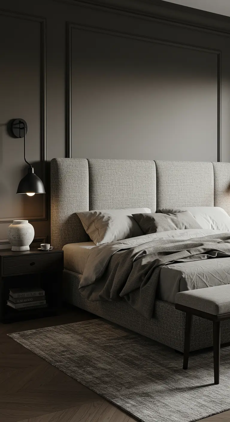 Tête de lit à quatre panneaux en tissu chiné gris contre un mur sombre.
