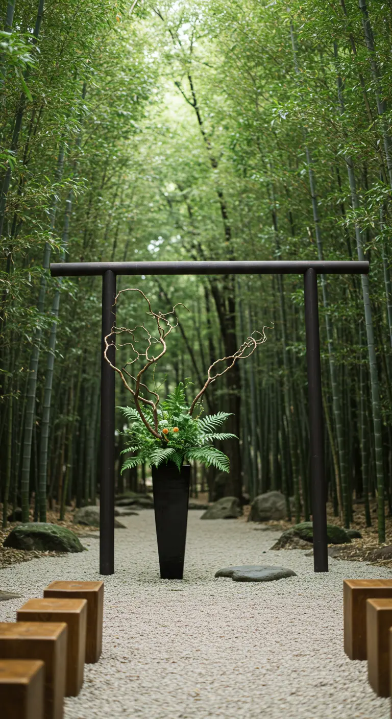 Structure de mariage minimaliste de style japonais dans une forêt de bambous.