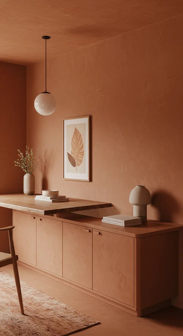 Bureau et rangements bas de couleur terracotta, assortis aux murs.