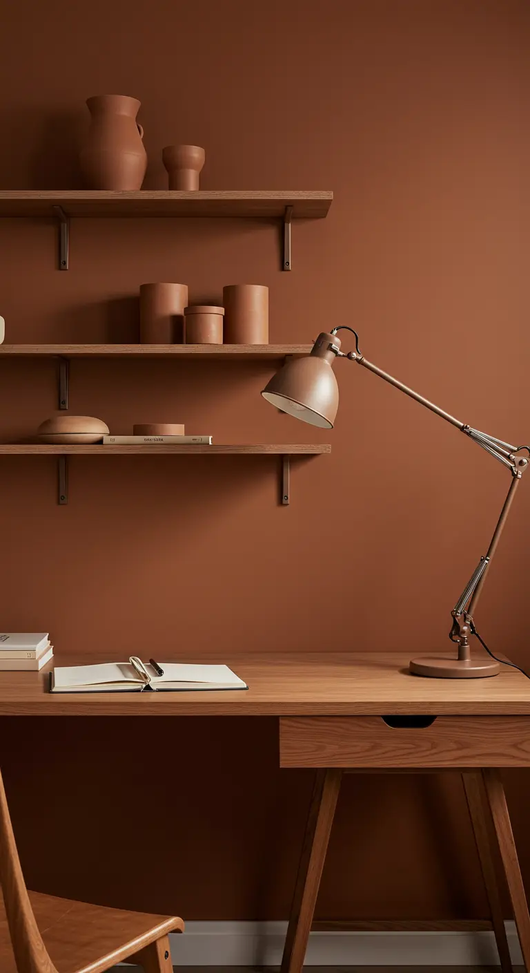 Bureau en bois avec des étagères et des murs peints en terracotta.