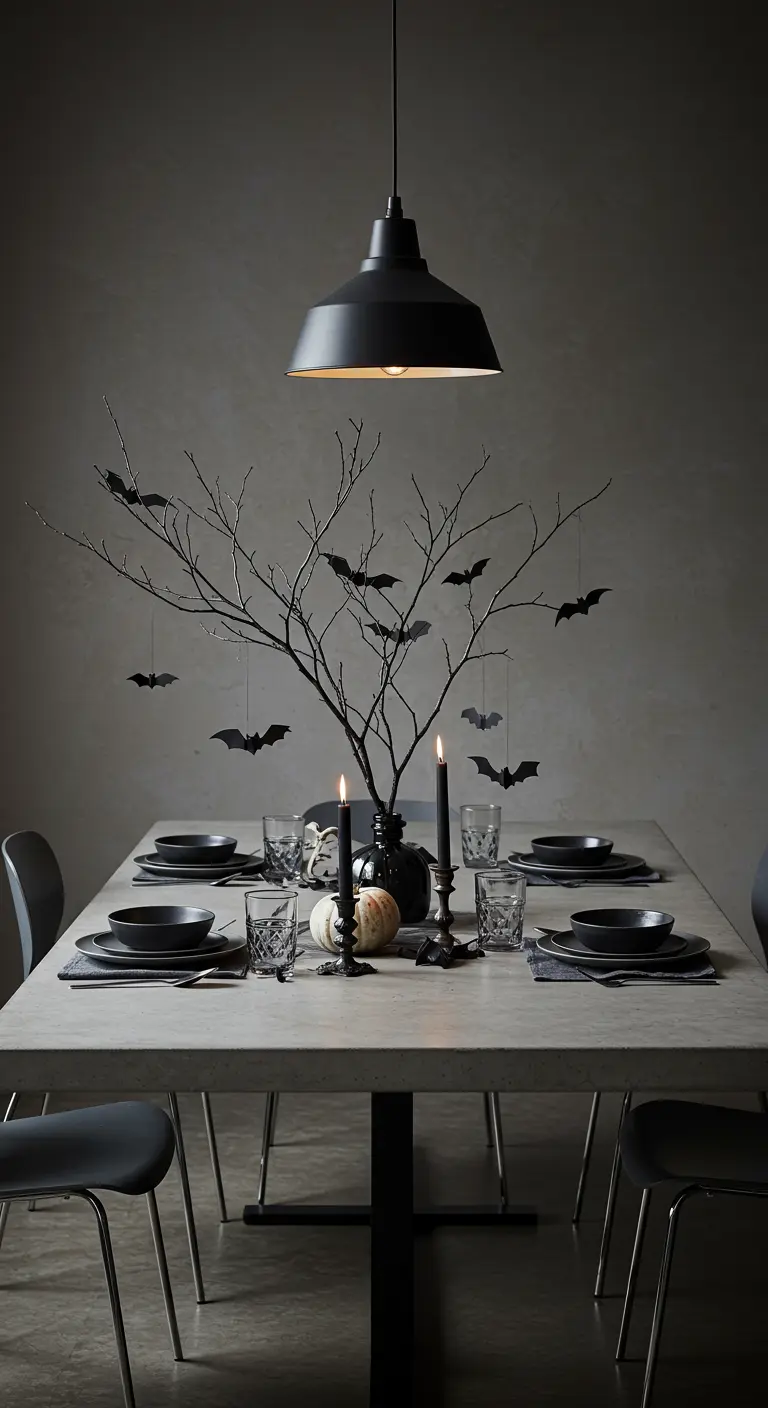 Table minimaliste avec une branche noire dans un vase et des chauves-souris en papier.
