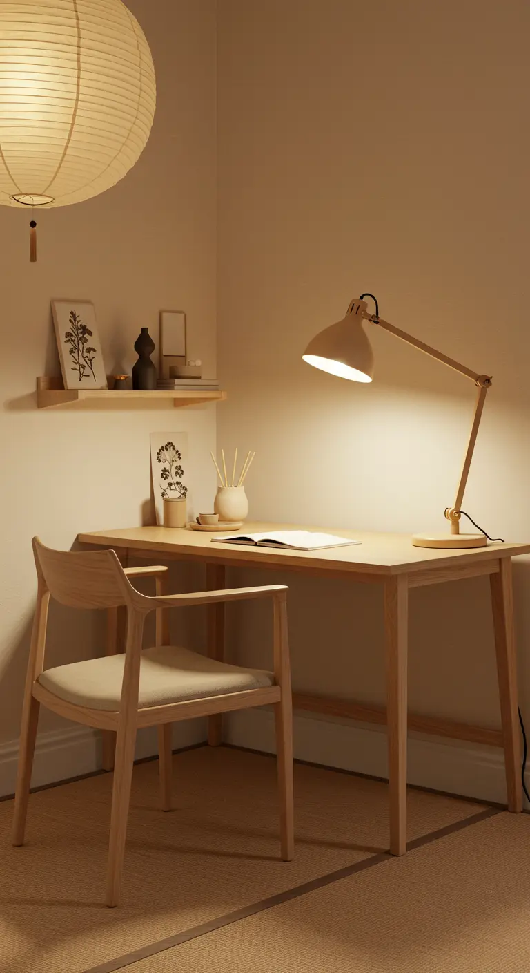 Bureau d'angle en bois clair dans un style Japandi avec une lampe de table et un lampion.