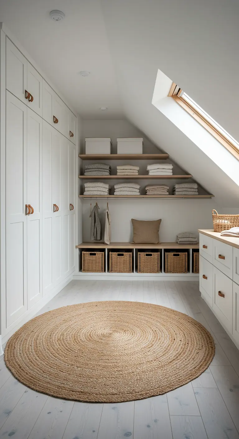 Dressing sous comble blanc et bois clair avec paniers tressés et tapis en jute.
