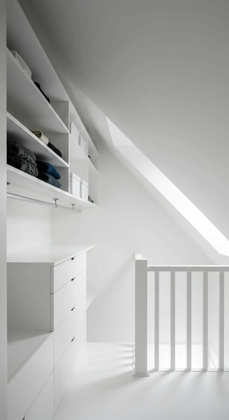 Dressing blanc sur mesure aménagé sous les combles avec un plafond en pente.