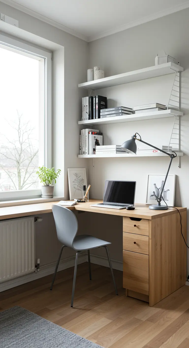 Bureau en L scandinave avec étagères murales blanches et chaise grise.