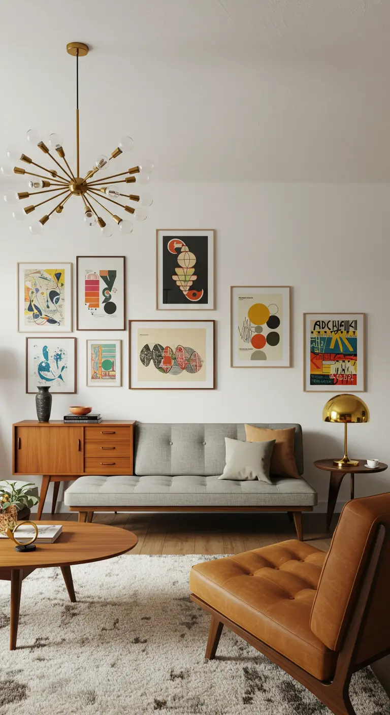 Mur de cadres avec des affiches d'art moderne au-dessus d'un canapé gris et d'un buffet en bois.