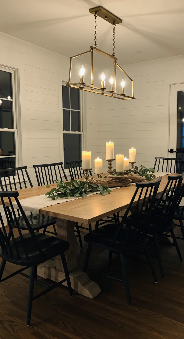 Centre de table rustique avec bois flotté, eucalyptus et bougies sur chandeliers en laiton.