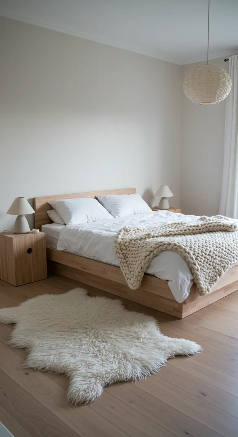 Chambre scandinave minimaliste avec lit en bois, plaid en grosse maille et tapis en peau de mouton.