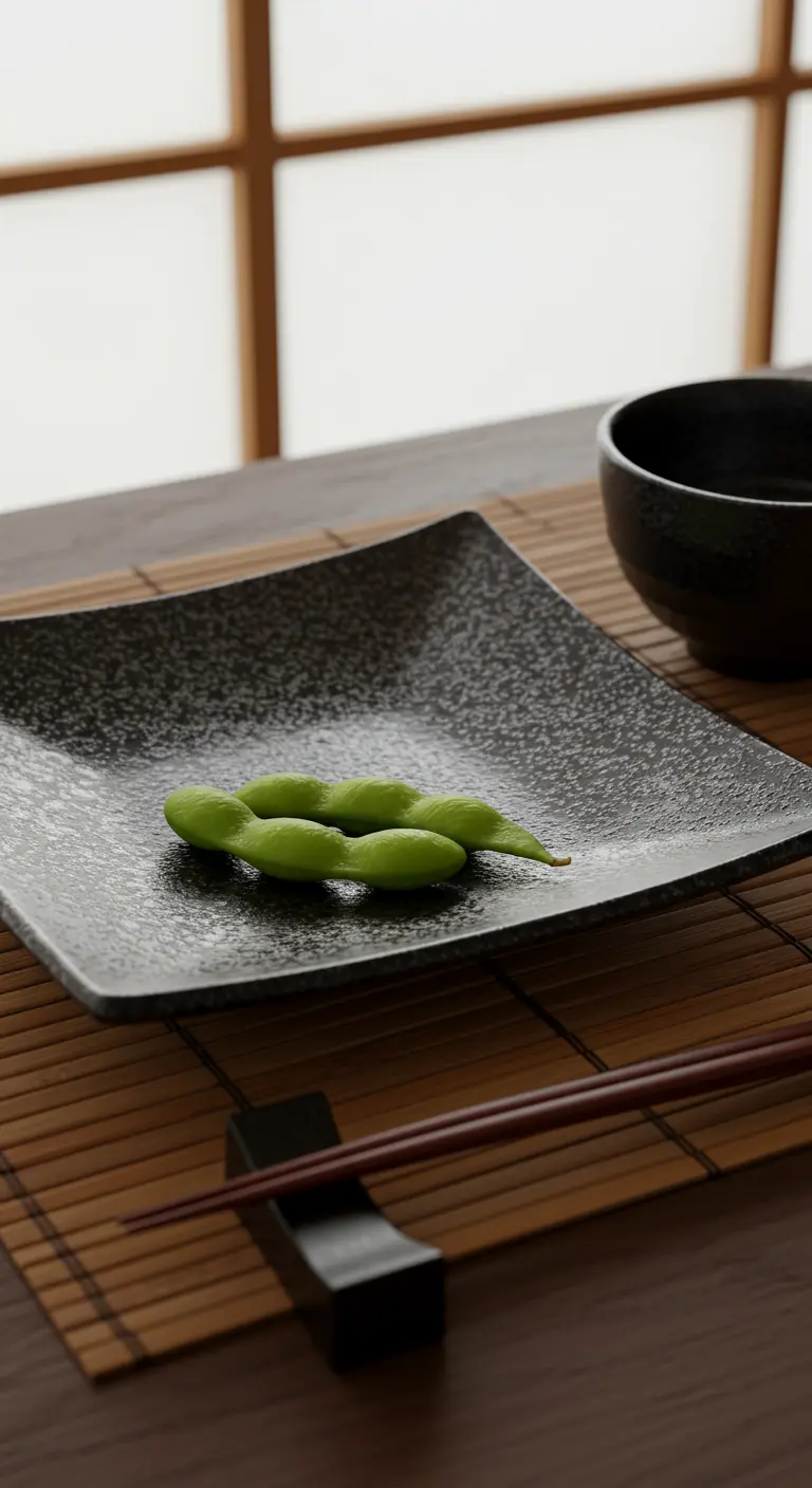 Assiette carrée japonaise avec edamames sur un set en bambou.