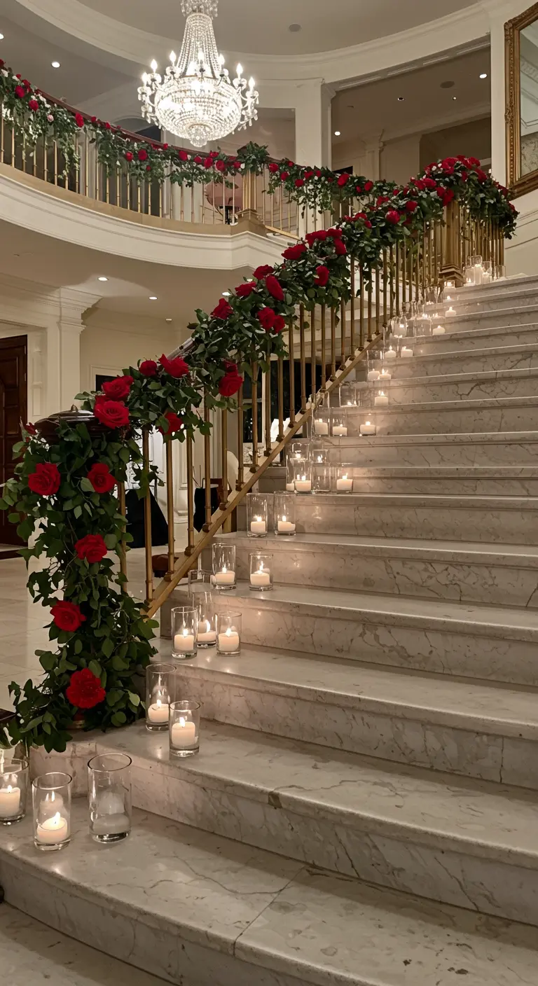 Escalier en marbre décoré de guirlandes de roses et de bougies.