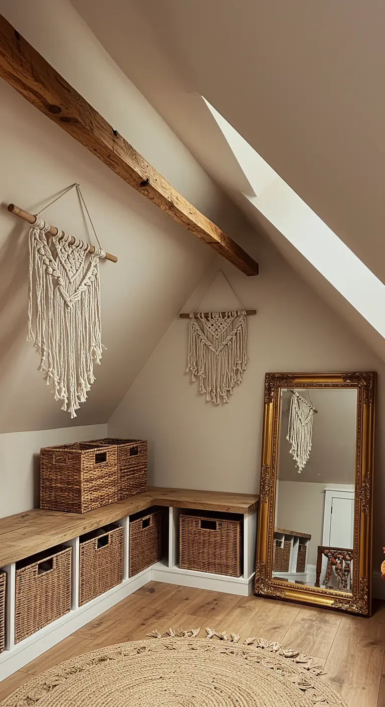 Coin dressing bohème avec banc en bois, paniers en osier et décorations murales en macramé.
