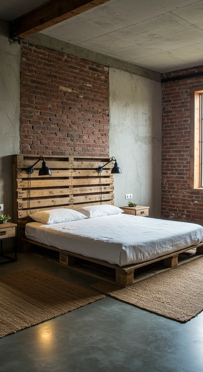 Tête de lit en palettes de bois brut dans une chambre au style industriel avec mur en briques.