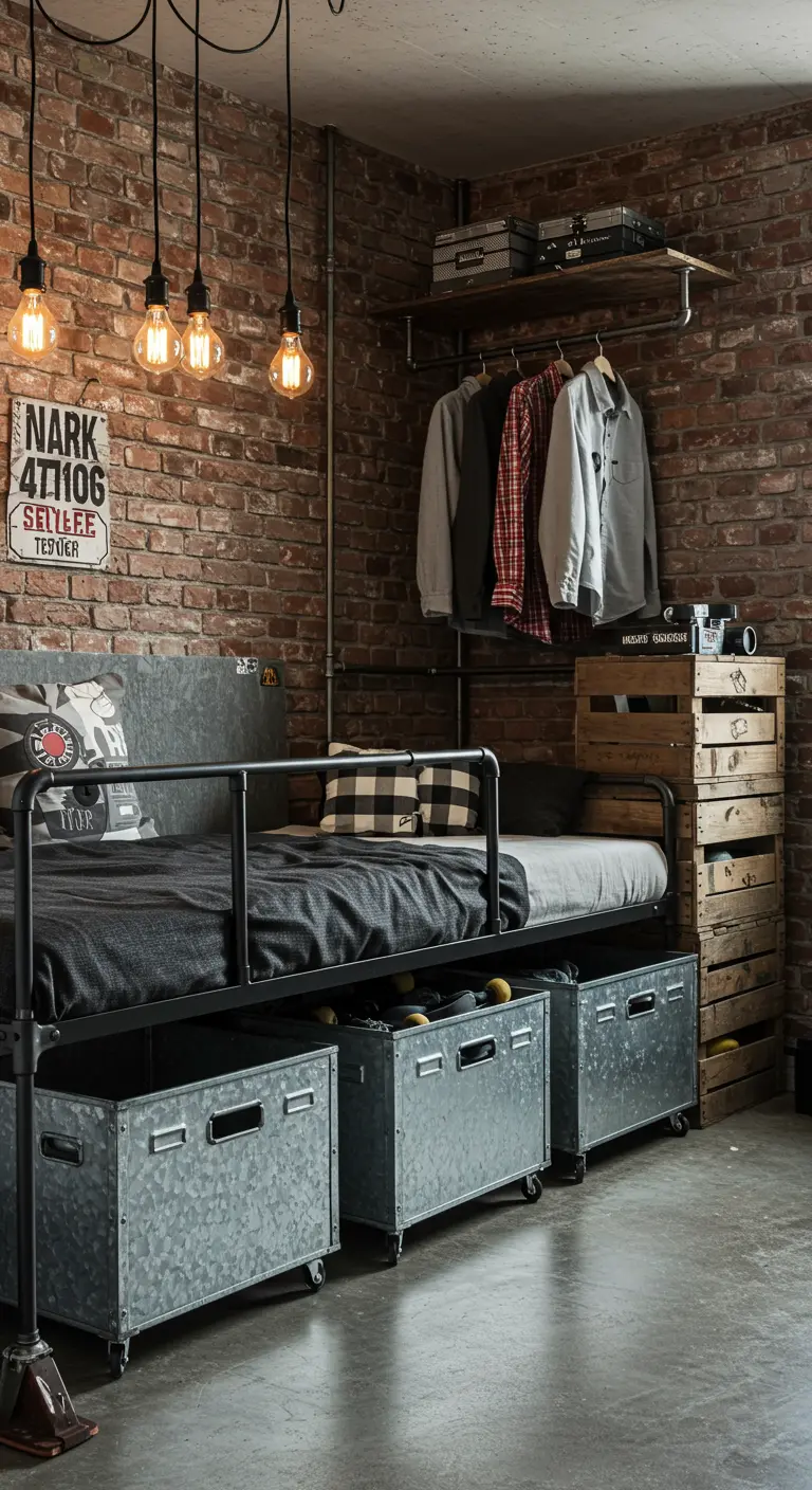 Chambre de style industriel avec lit en métal et bacs de rangement en acier galvanisé sur roulettes.