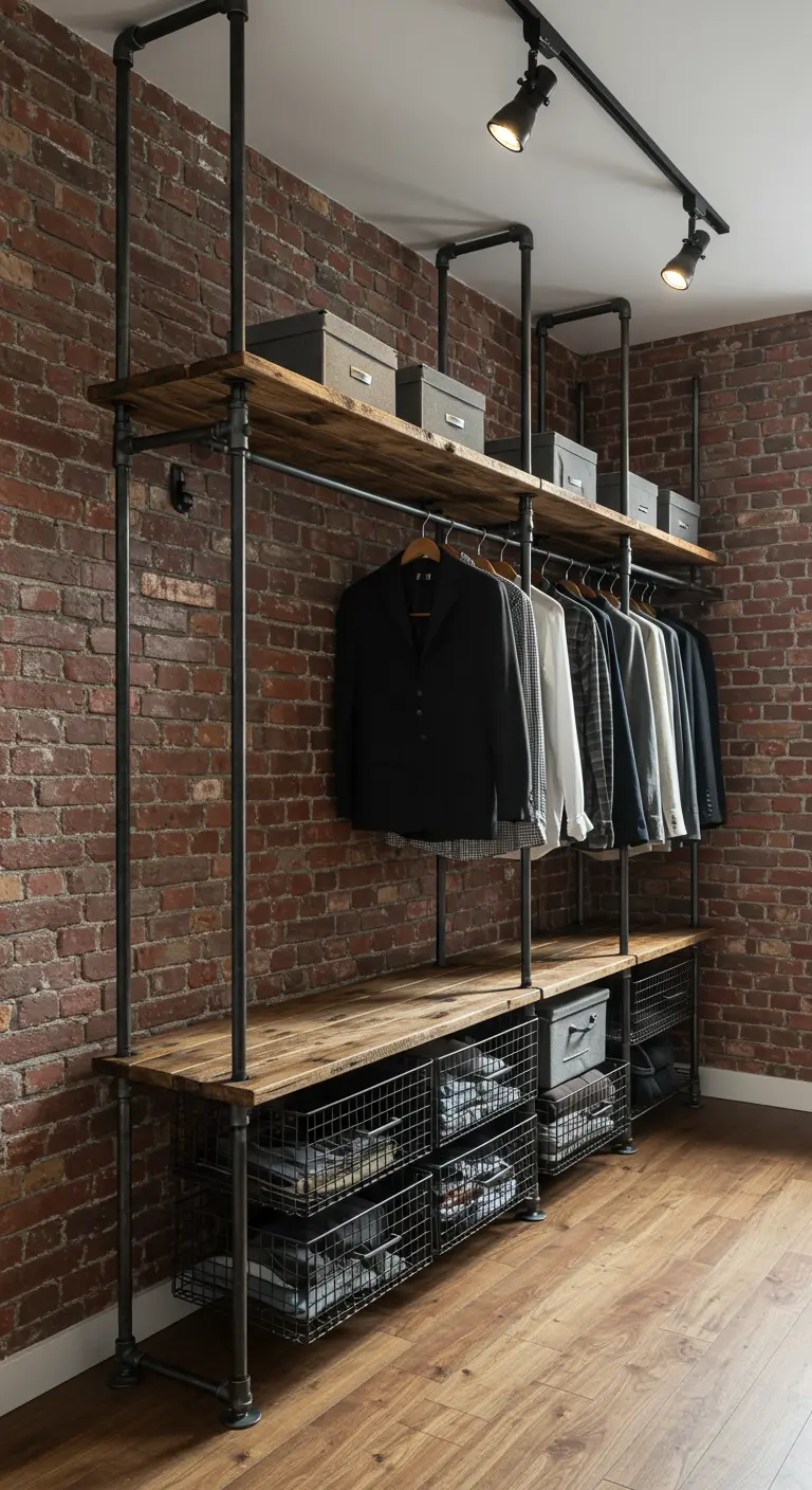 Dressing de style industriel avec structure en tuyaux noirs et étagères en bois.
