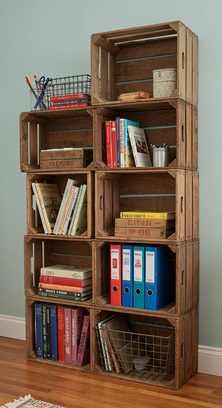 Bibliothèque DIY faite de caisses en bois rustiques empilées, remplie de livres et de classeurs.