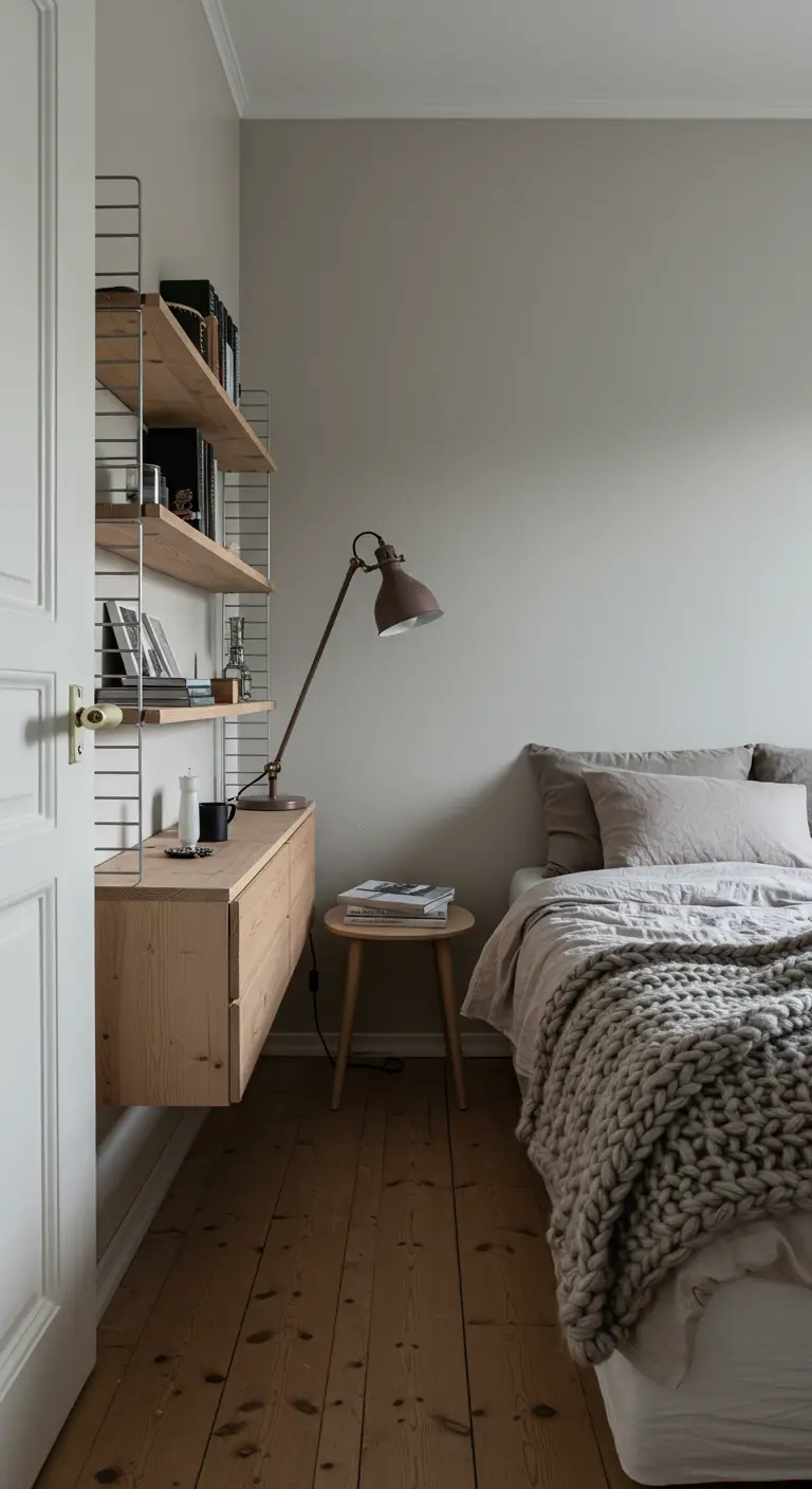 Chambre étroite avec un lit et un système d'étagères murales modulables en bois.