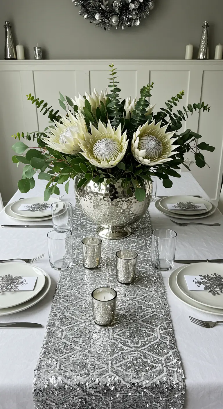 Table de fête avec chemin de table à sequins et bouquet de proteas blancs dans un bol argenté.