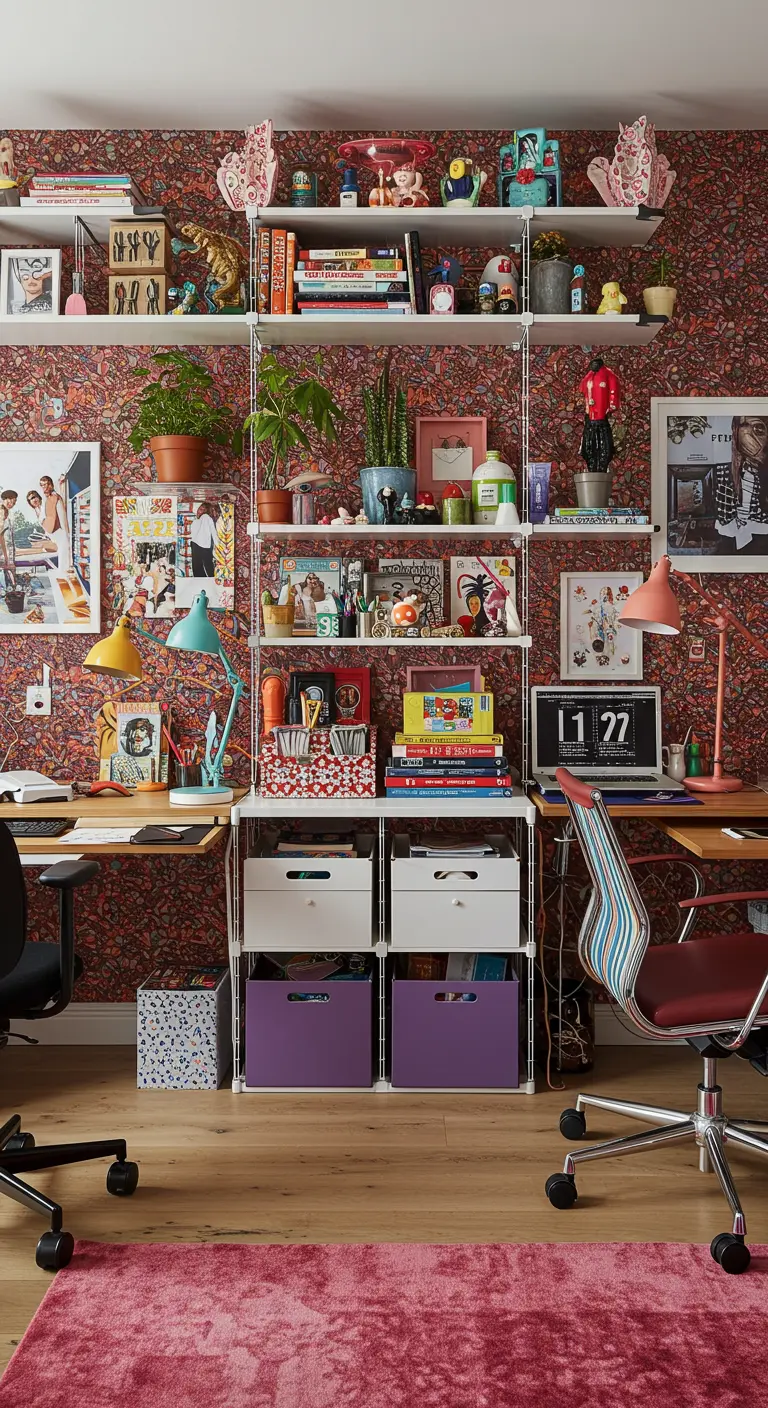 Bureau partagé maximaliste avec un mur à motifs, des étagères remplies d'objets colorés et des chaises dépareillées.