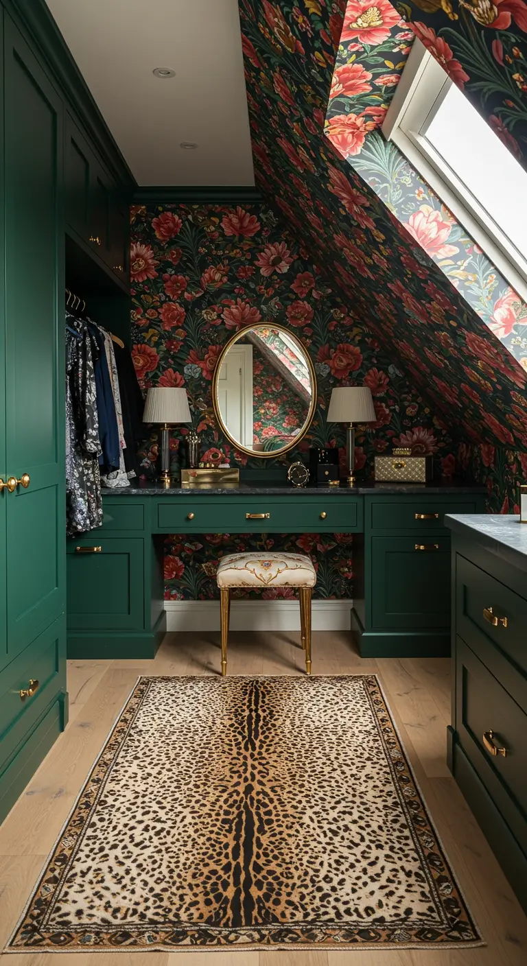 Dressing sous comble avec papier peint floral, meubles verts et tapis léopard.