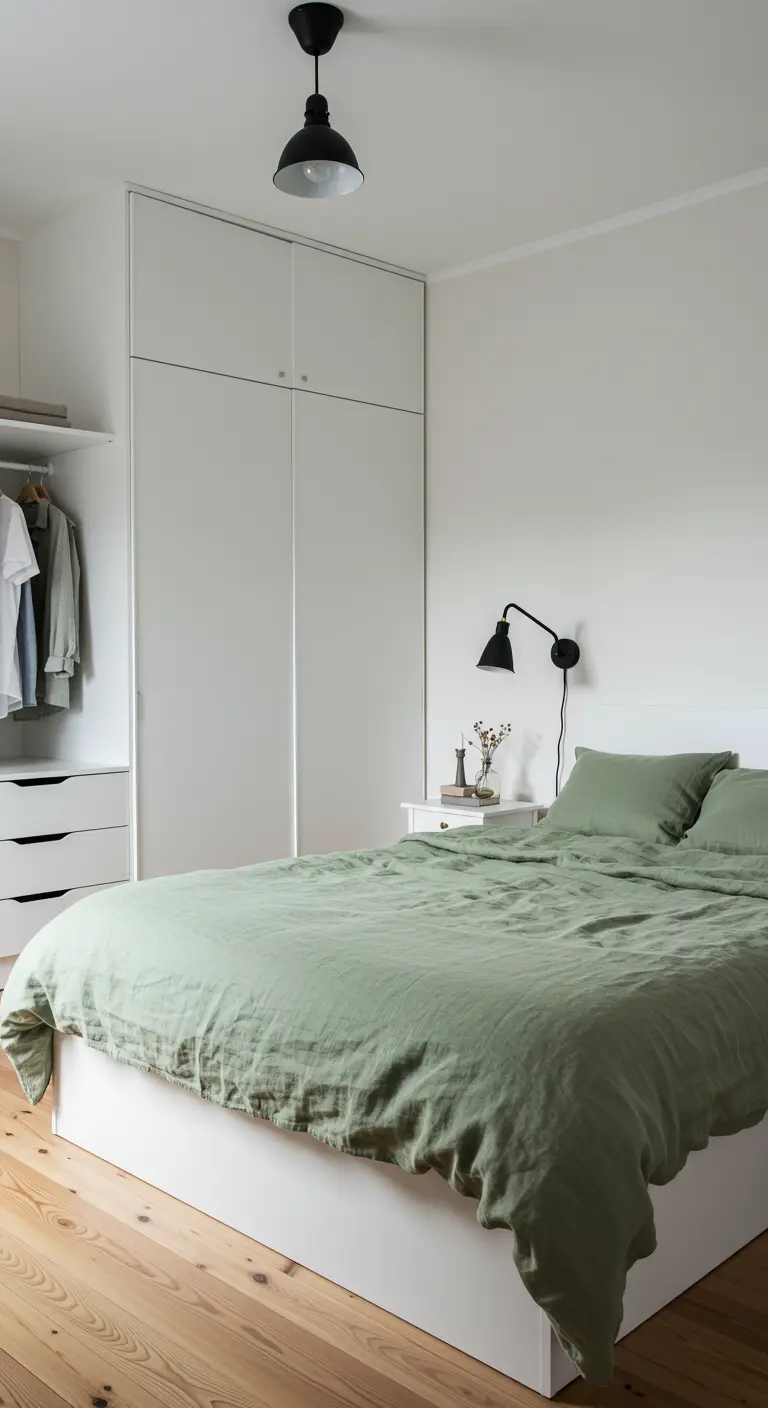 Chambre minimaliste avec des murs blancs, une armoire blanche et du linge de lit vert sauge.
