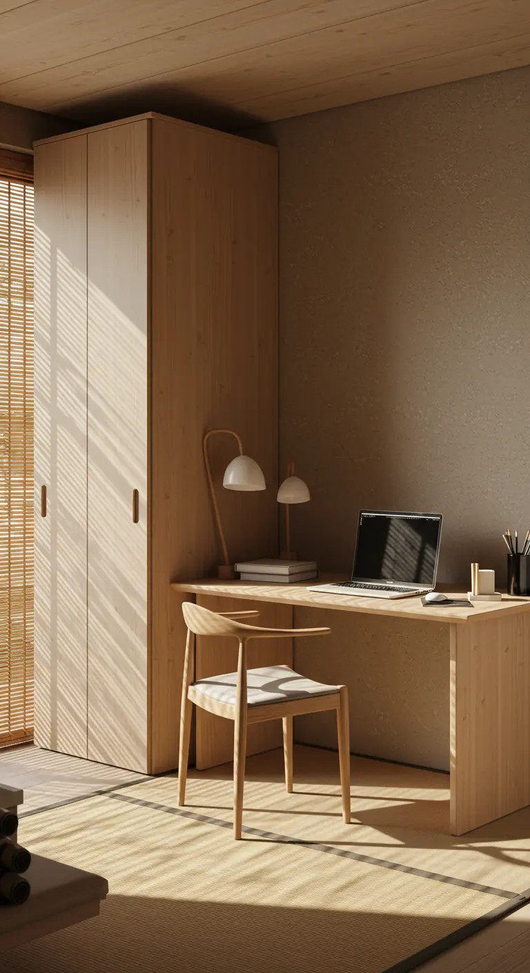 Bureau en bois clair et armoire assortie dans une chambre de style Japandi.