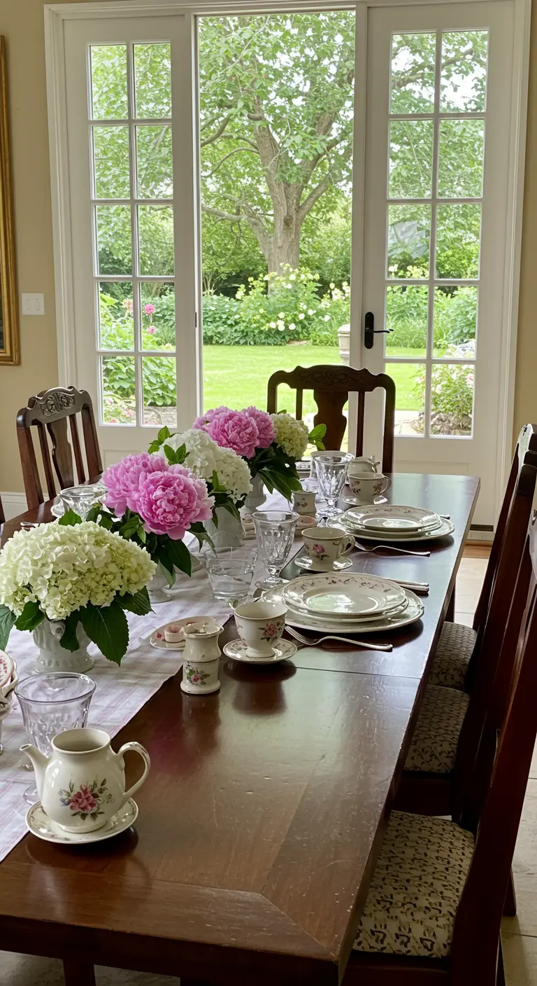 Table élégante avec chemin de table blanc et bouquets de pivoines et hortensias.