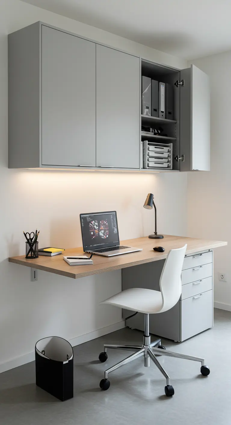 Bureau flottant en bois clair avec des caissons de rangement gris suspendus au-dessus.