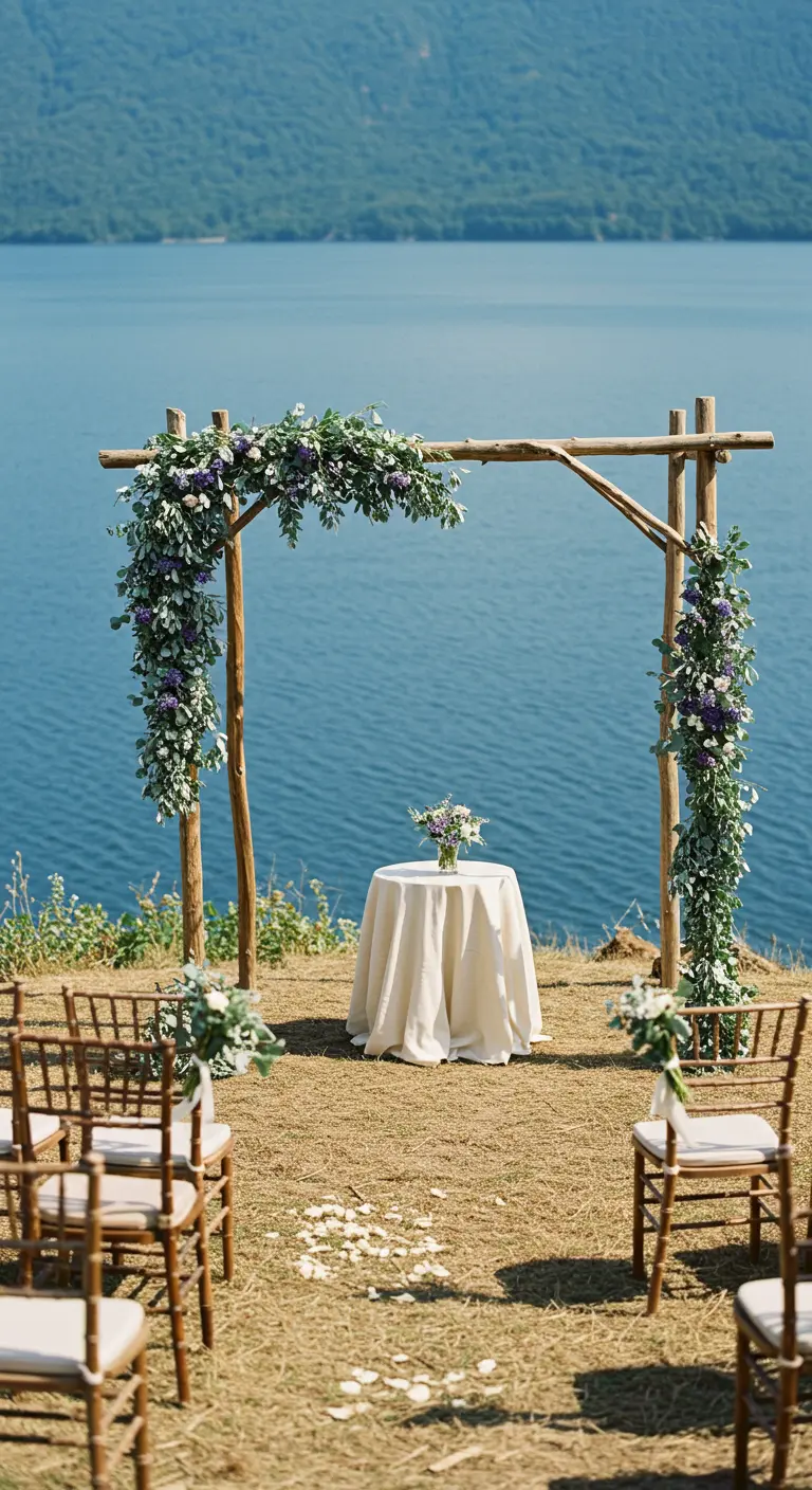 Arche de mariage rustique en branches de bois au bord d'une falaise.