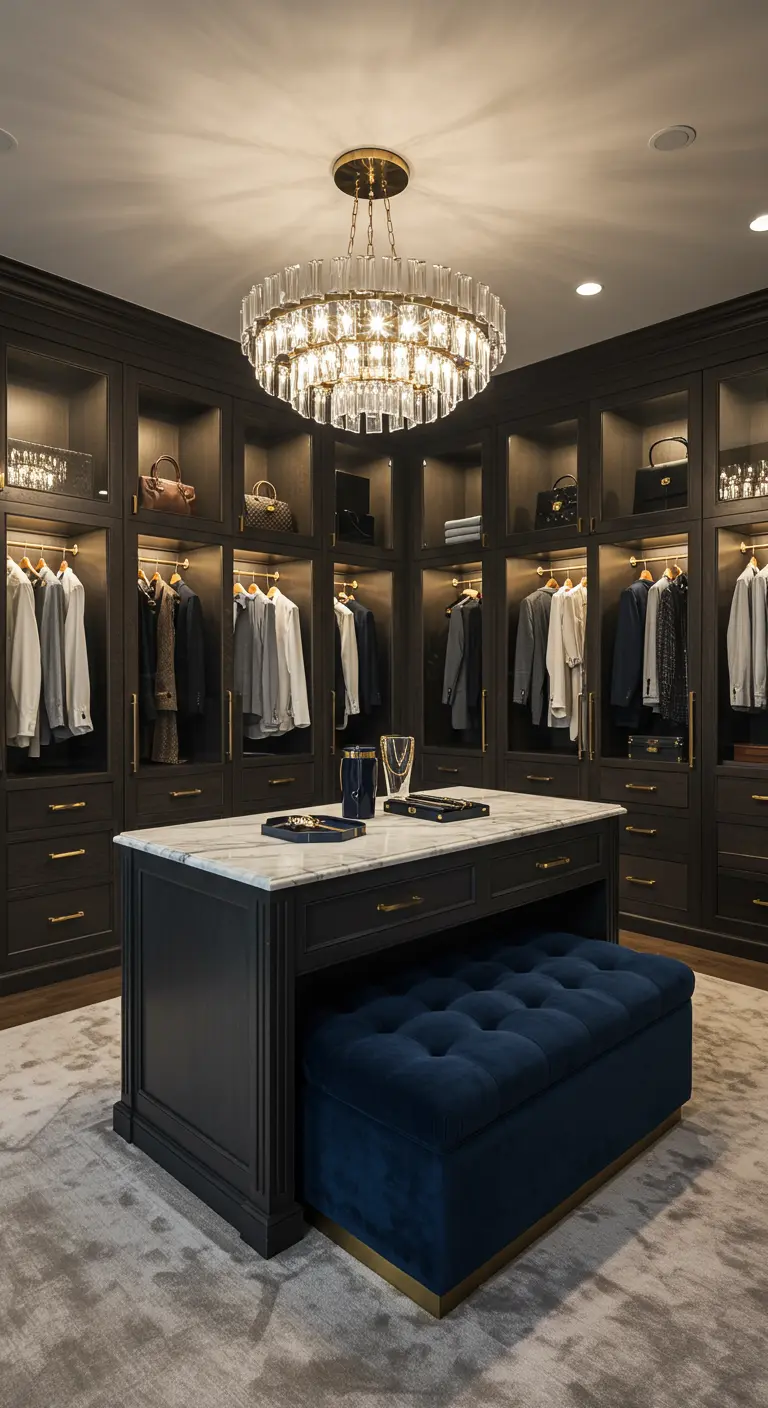 Dressing sombre et luxueux avec un îlot central et un grand lustre.