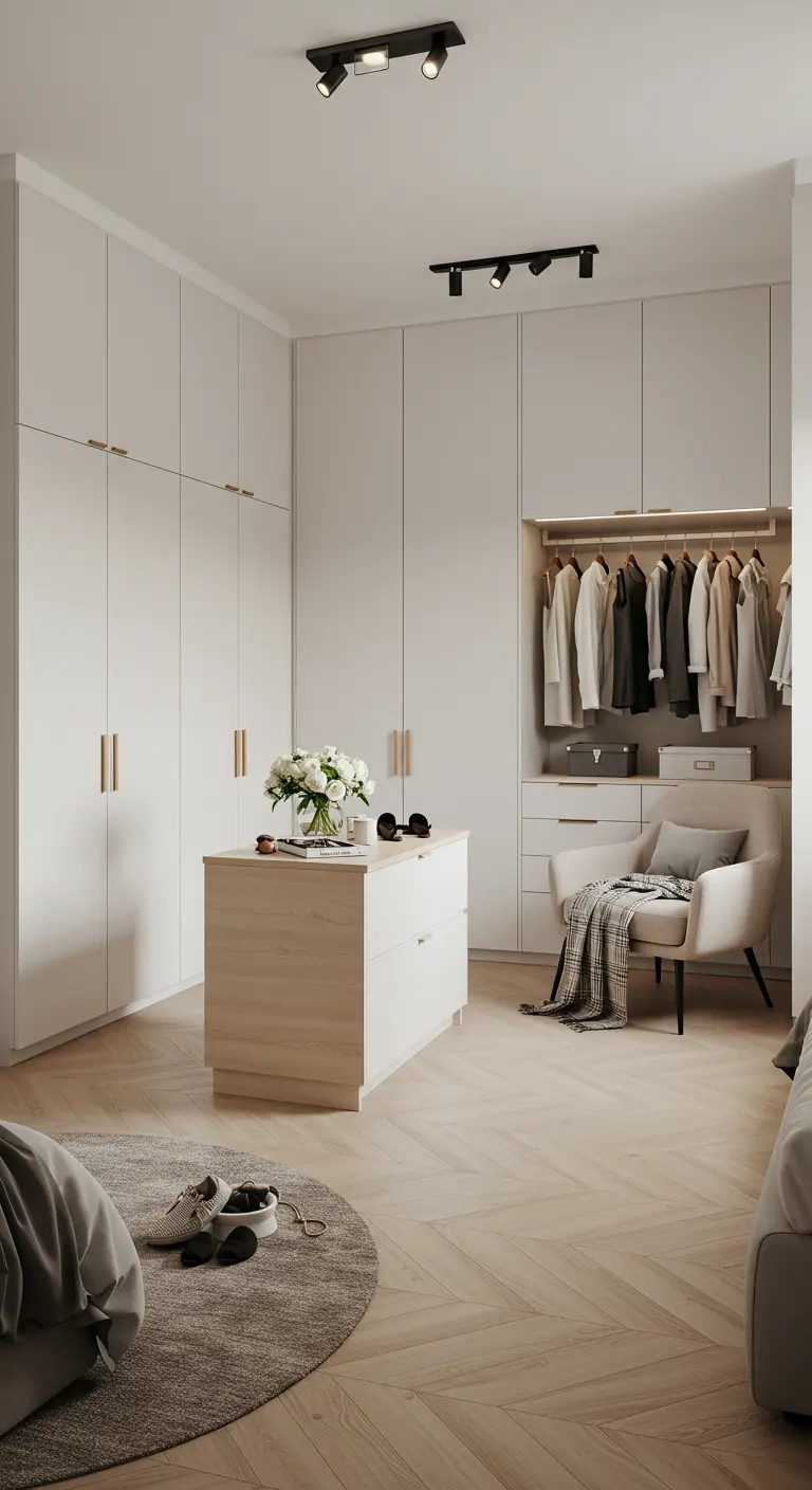 Grand dressing blanc et bois avec un îlot central, des penderies et un fauteuil.