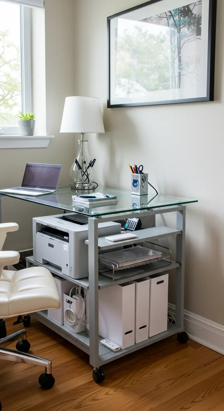 Bureau en verre avec une desserte à roulettes en dessous, supportant une imprimante.