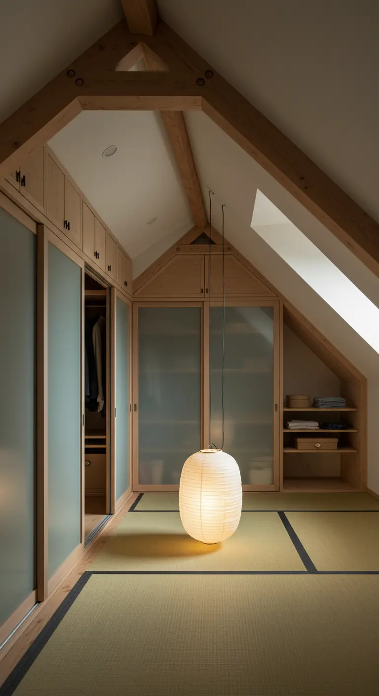 Dressing sous comble d'inspiration japonaise avec portes coulissantes et lanterne en papier.