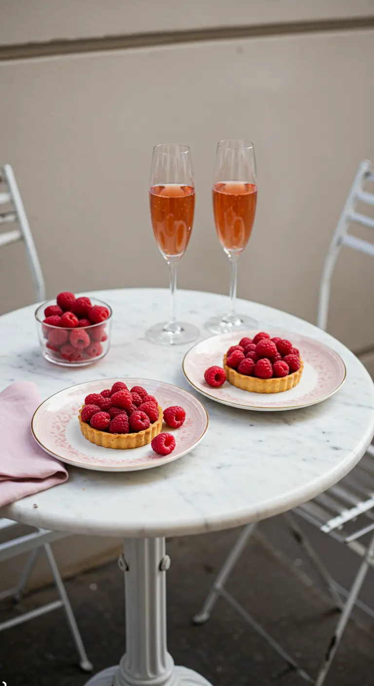 Table de bistrot avec champagne rosé et tartelettes aux framboises.