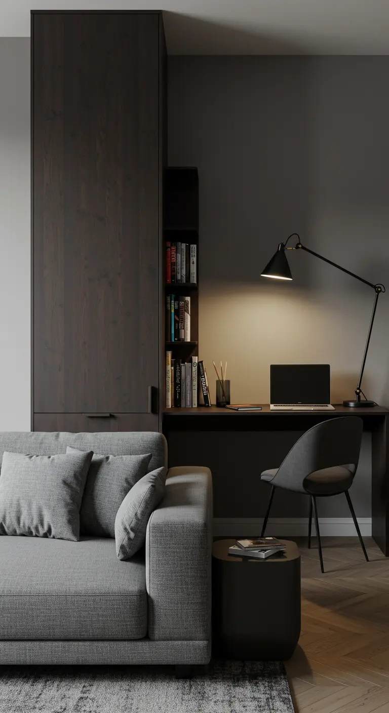 Bureau en bois sombre intégré à un grand meuble de rangement à côté d'un canapé gris.