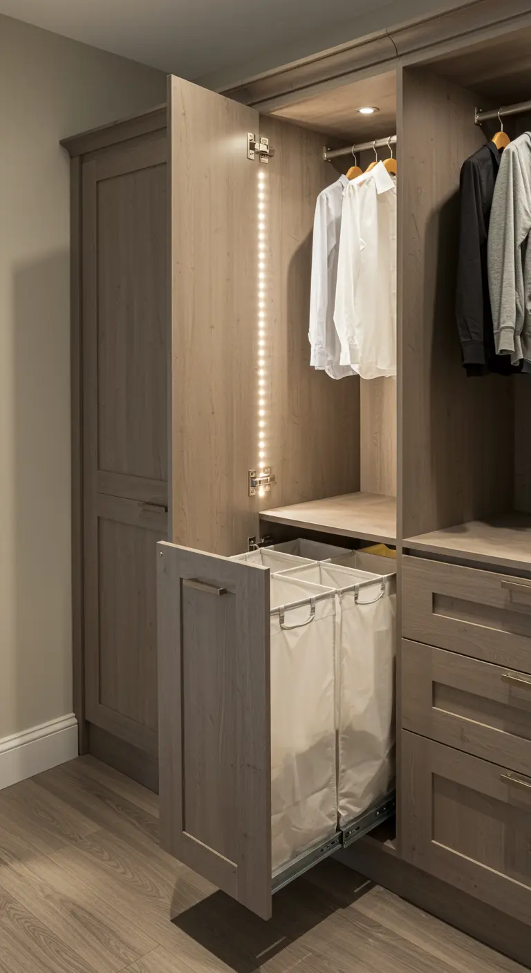 Meuble de dressing avec une porte basculante révélant deux paniers à linge.