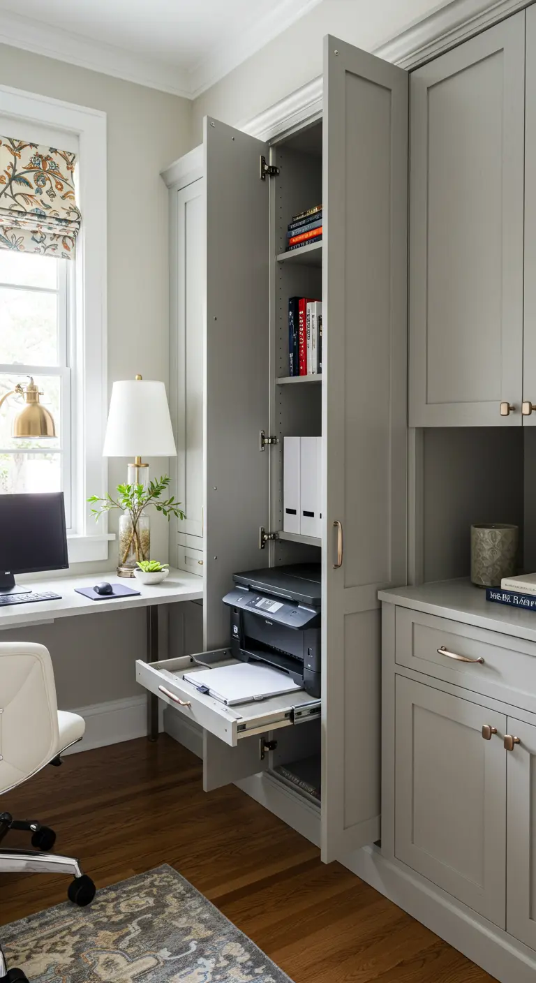 Armoire de bureau grise avec une porte ouverte révélant une imprimante sur une étagère coulissante.