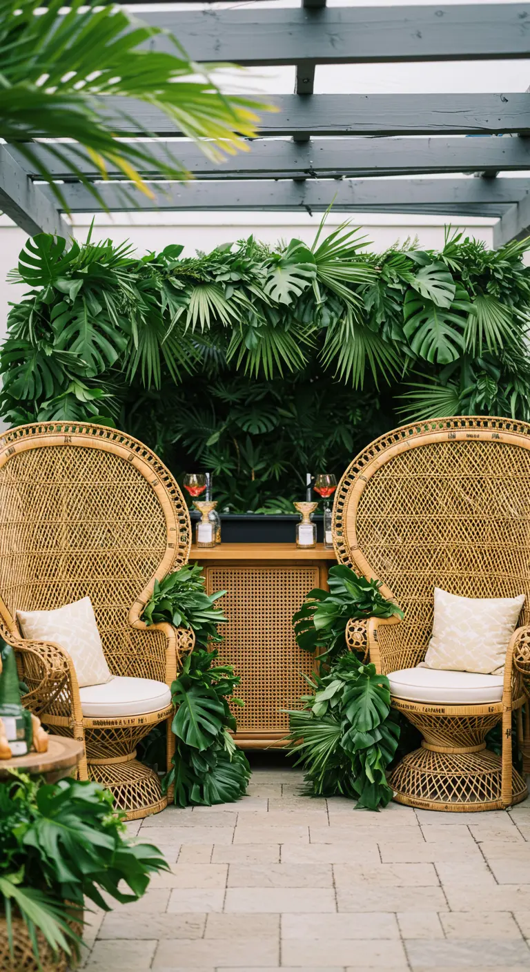 Un coin bar encadré par une arche épaisse de feuilles de monstera et de palmiers.