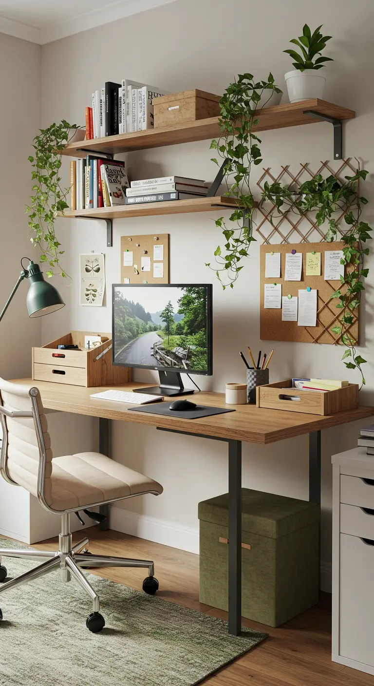 Bureau en bois avec des étagères murales supportant de nombreuses plantes vertes.