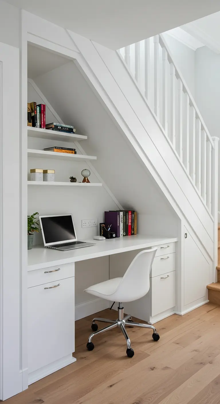 Bureau blanc avec rangements intégrés aménagé sous un escalier.