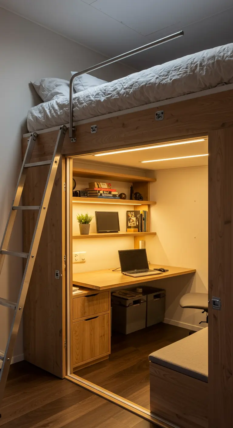 Bureau compact en bois intégré sous un lit mezzanine avec éclairage LED.