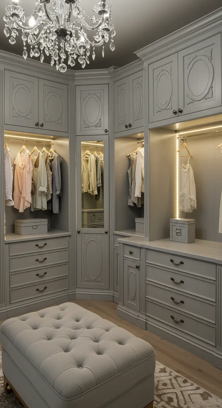 Dressing gris de style classique avec moulures, lustre en cristal et pouf capitonné.