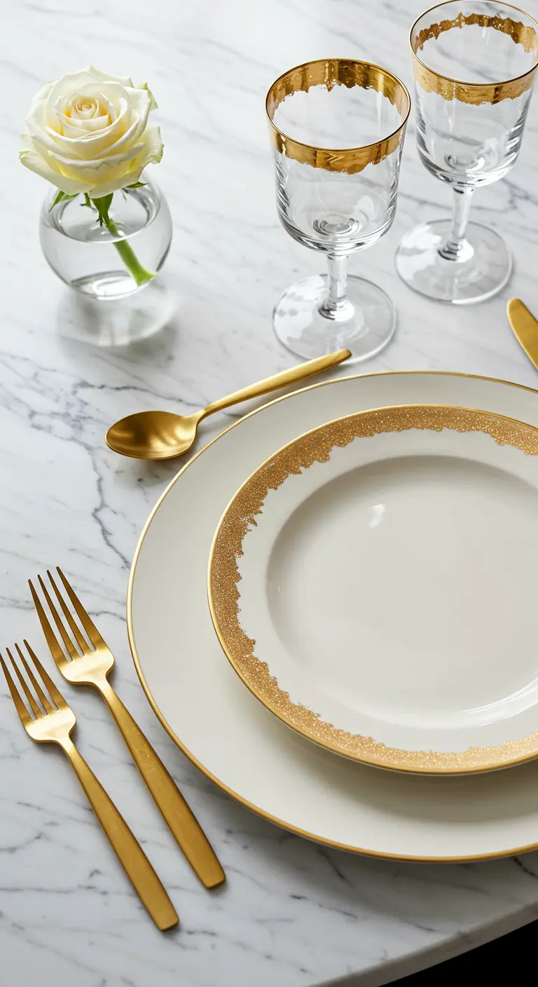 Assiettes à bordure dorée sur une table en marbre avec une rose blanche.
