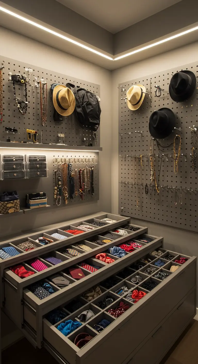 Dressing avec murs en panneaux perforés pour les accessoires et tiroirs compartimentés.