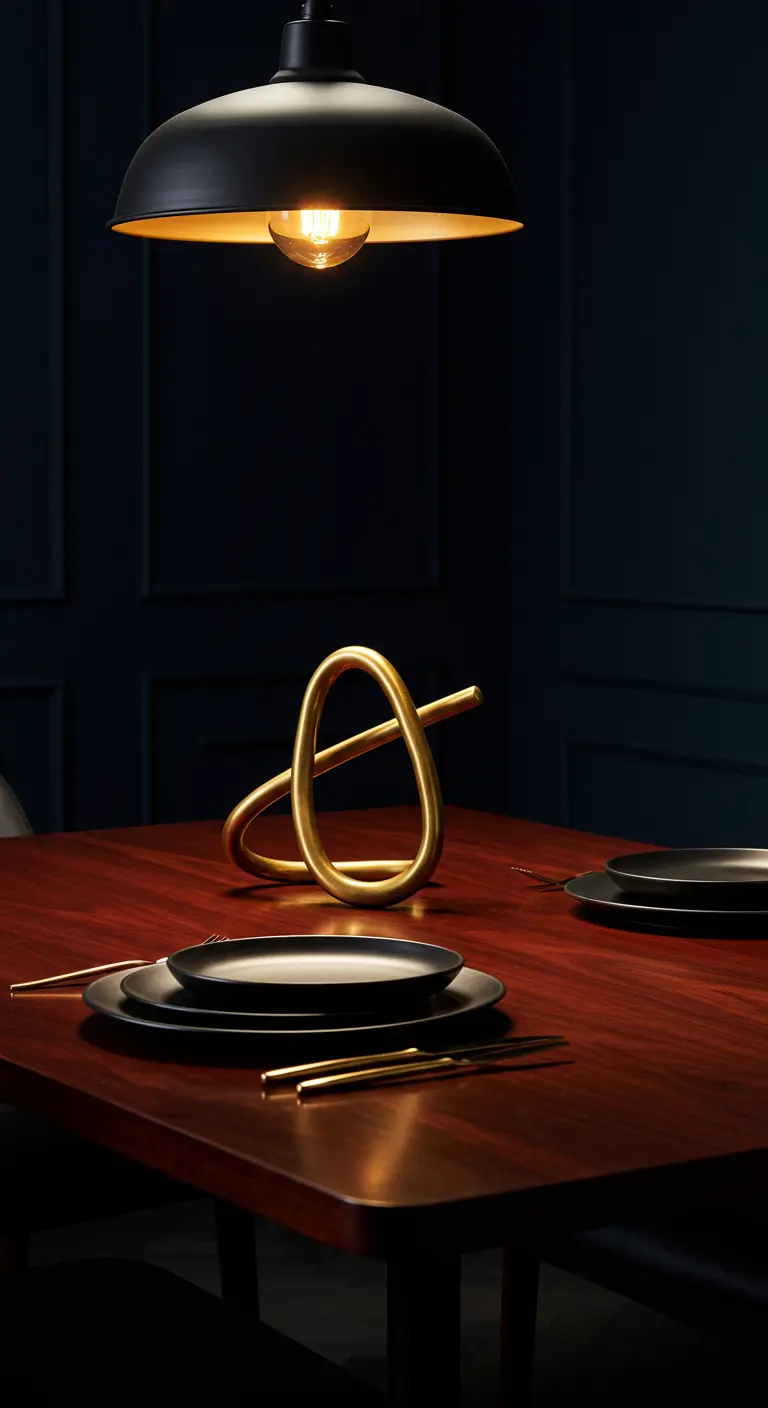 Table sombre avec une sculpture dorée abstraite comme centre de table.