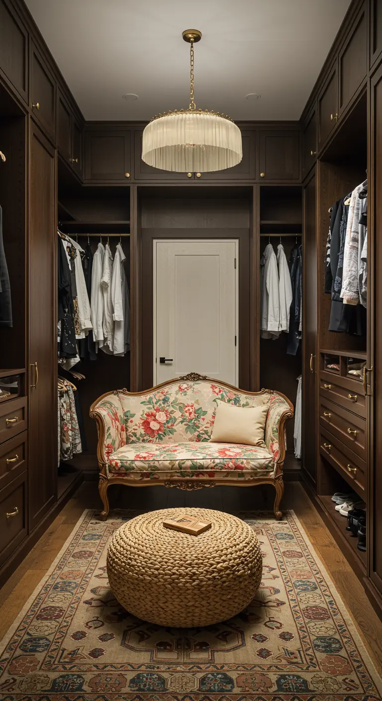 Dressing en bois sombre avec une banquette de style ancien à motifs floraux.