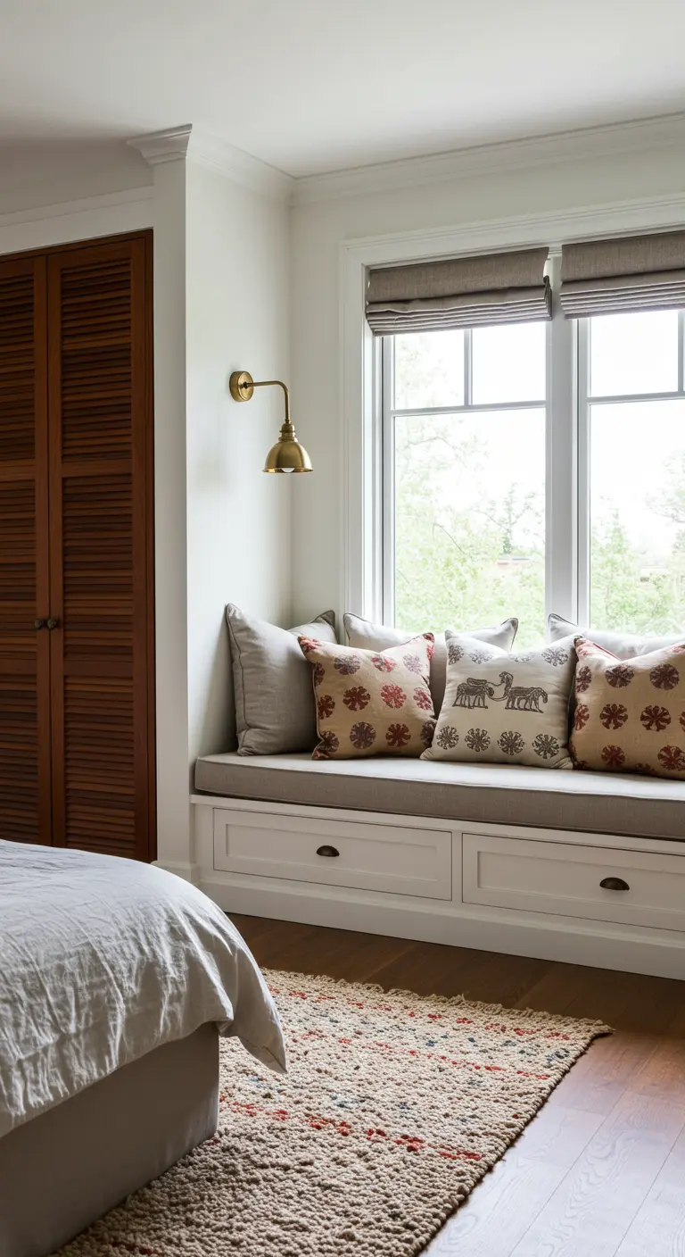 Banquette de lecture sur mesure sous une fenêtre, avec des coussins à motifs.