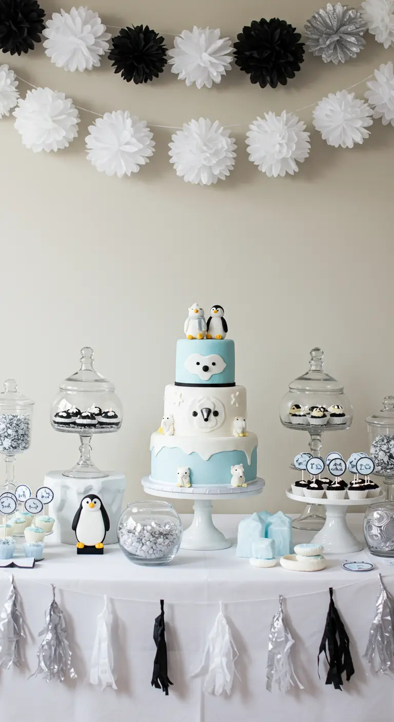 Buffet de desserts sur le thème des animaux polaires avec un gâteau pingouin.