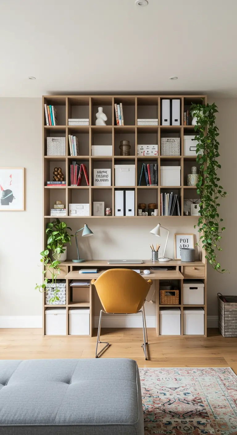 Bureau intégré dans une grande étagère cube en bois clair remplie de livres et boîtes.