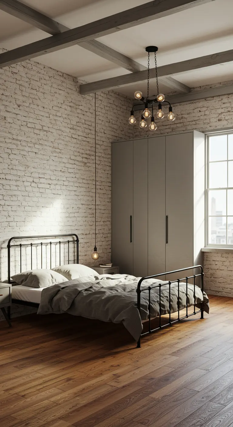 Chambre style loft avec un mur de briques peintes en blanc et un lit en métal.